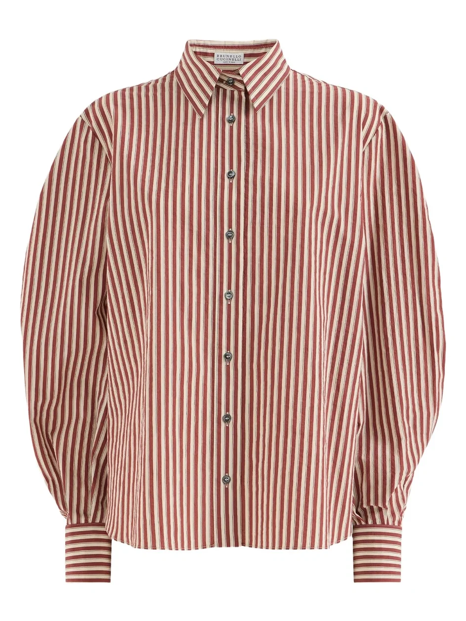Women's Striped Wrinkled Poplin Shirt with Monili - Red