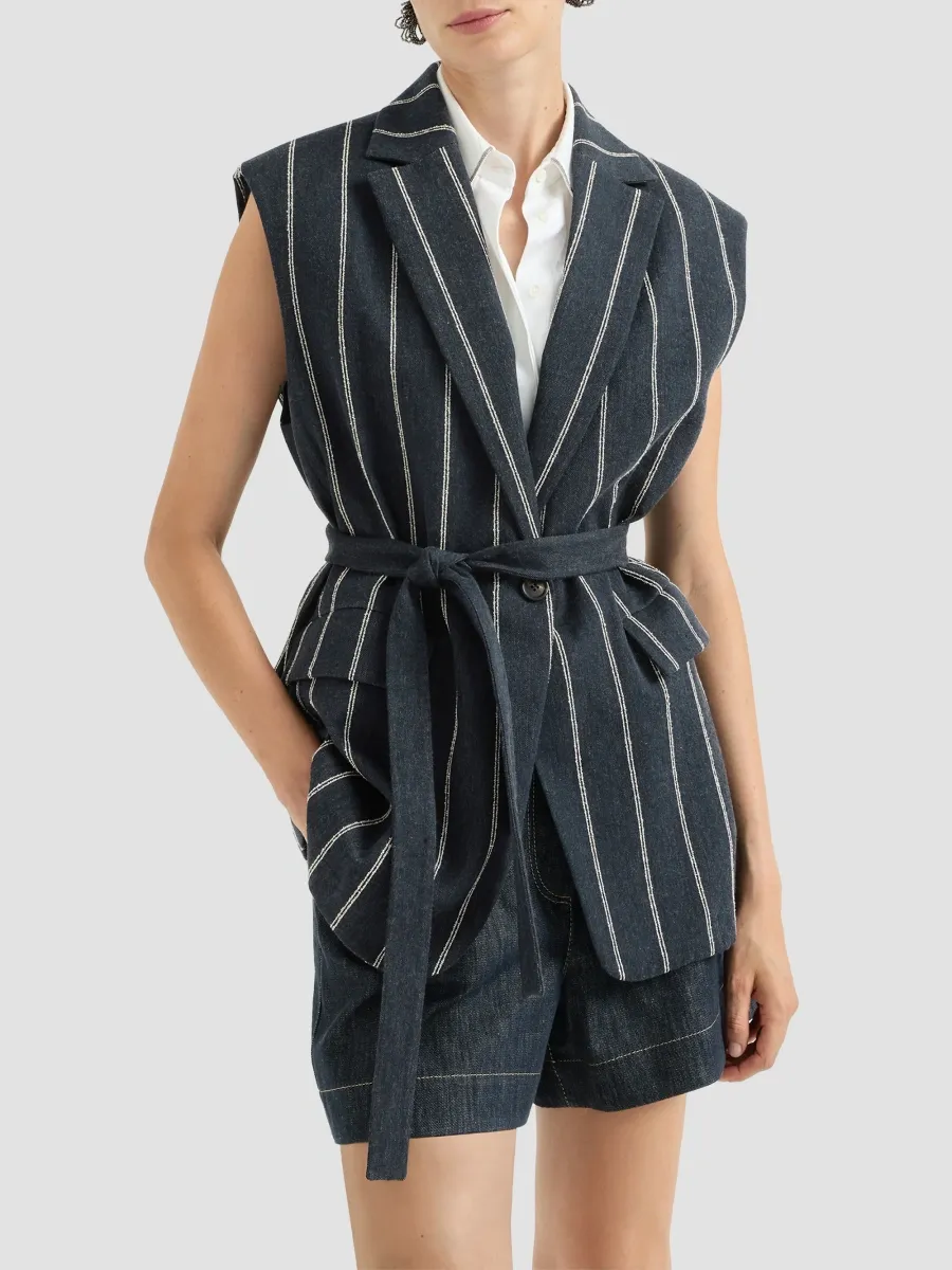 Brunello Cucinelli Women's Double Chalk Stripe Cotton and Linen Denim Belted Vest with Monili - Denim | Thumbnail 3 Brunello Cucinelli Women's Double Chalk Stripe Cotton and Linen Denim Belted Vest with Monili - Denim | Thumbnail 3