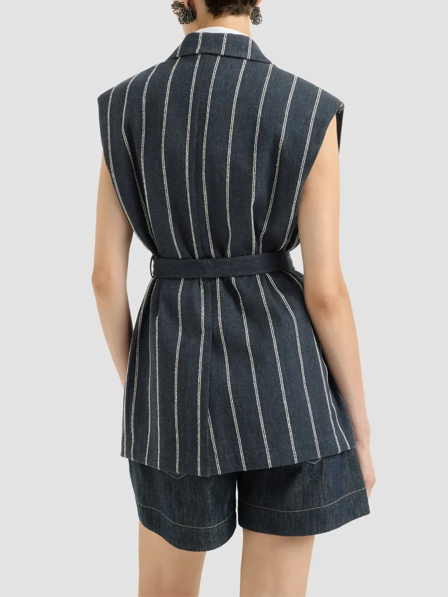 Brunello Cucinelli Women's Double Chalk Stripe Cotton and Linen Denim Belted Vest with Monili - Denim | Thumbnail 4 Brunello Cucinelli Women's Double Chalk Stripe Cotton and Linen Denim Belted Vest with Monili - Denim | Thumbnail 4