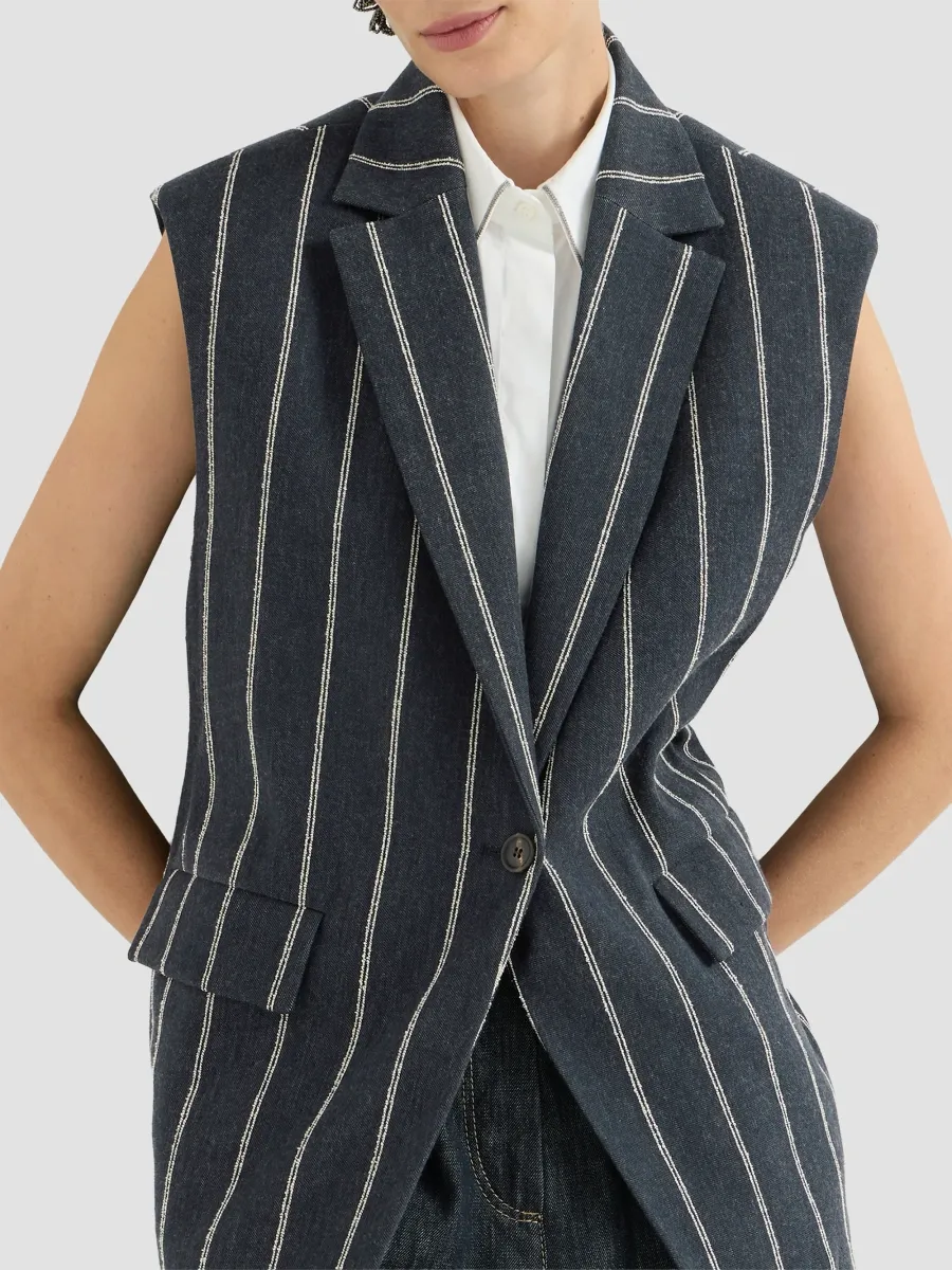 Brunello Cucinelli Women's Double Chalk Stripe Cotton and Linen Denim Belted Vest with Monili - Denim | Thumbnail 5 Brunello Cucinelli Women's Double Chalk Stripe Cotton and Linen Denim Belted Vest with Monili - Denim | Thumbnail 5