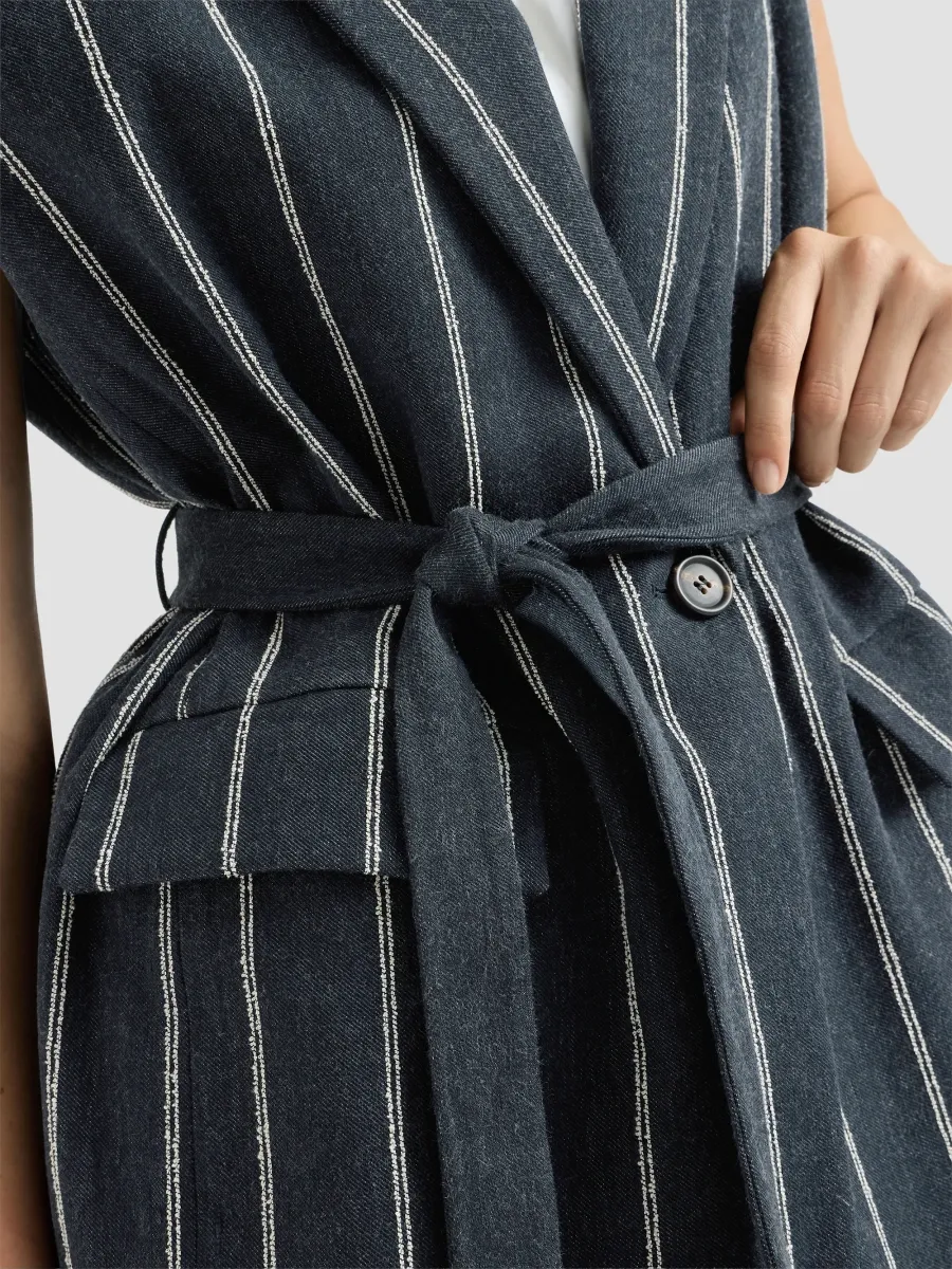 Brunello Cucinelli Women's Double Chalk Stripe Cotton and Linen Denim Belted Vest with Monili - Denim | Thumbnail 6 Brunello Cucinelli Women's Double Chalk Stripe Cotton and Linen Denim Belted Vest with Monili - Denim | Thumbnail 6