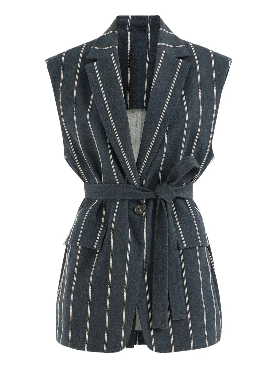 Women's Double Chalk Stripe Cotton and Linen Denim Belted Vest with Monili - Denim Women's Double Chalk Stripe Cotton and Linen Denim Belted Vest with Monili - Denim