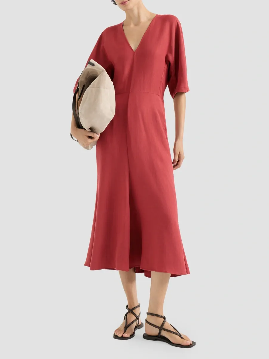 Brunello Cucinelli Women's Viscose and Linen Fluid Twill Dress with Monili - Red | Thumbnail 2 Brunello Cucinelli Women's Viscose and Linen Fluid Twill Dress with Monili - Red | Thumbnail 2
