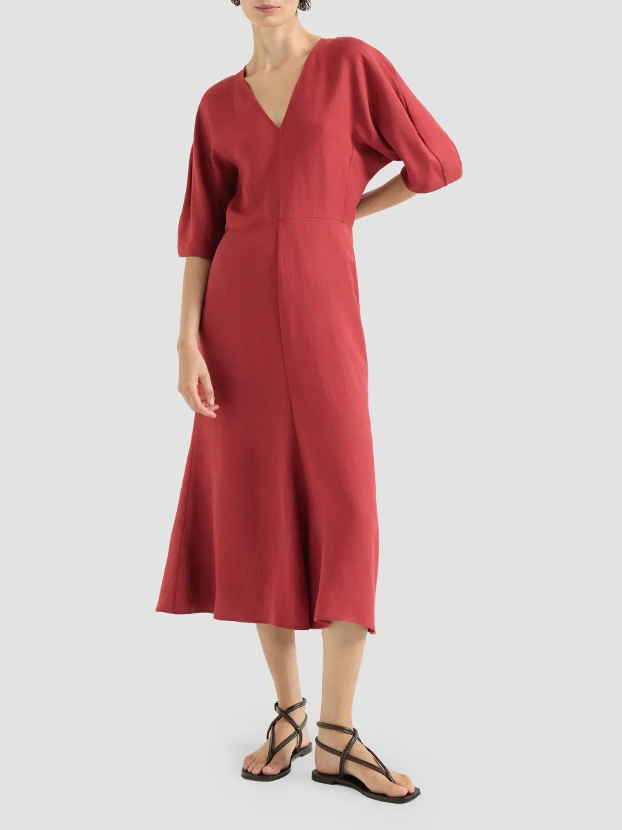 Brunello Cucinelli Women's Viscose and Linen Fluid Twill Dress with Monili - Red | Thumbnail 3 Brunello Cucinelli Women's Viscose and Linen Fluid Twill Dress with Monili - Red | Thumbnail 3