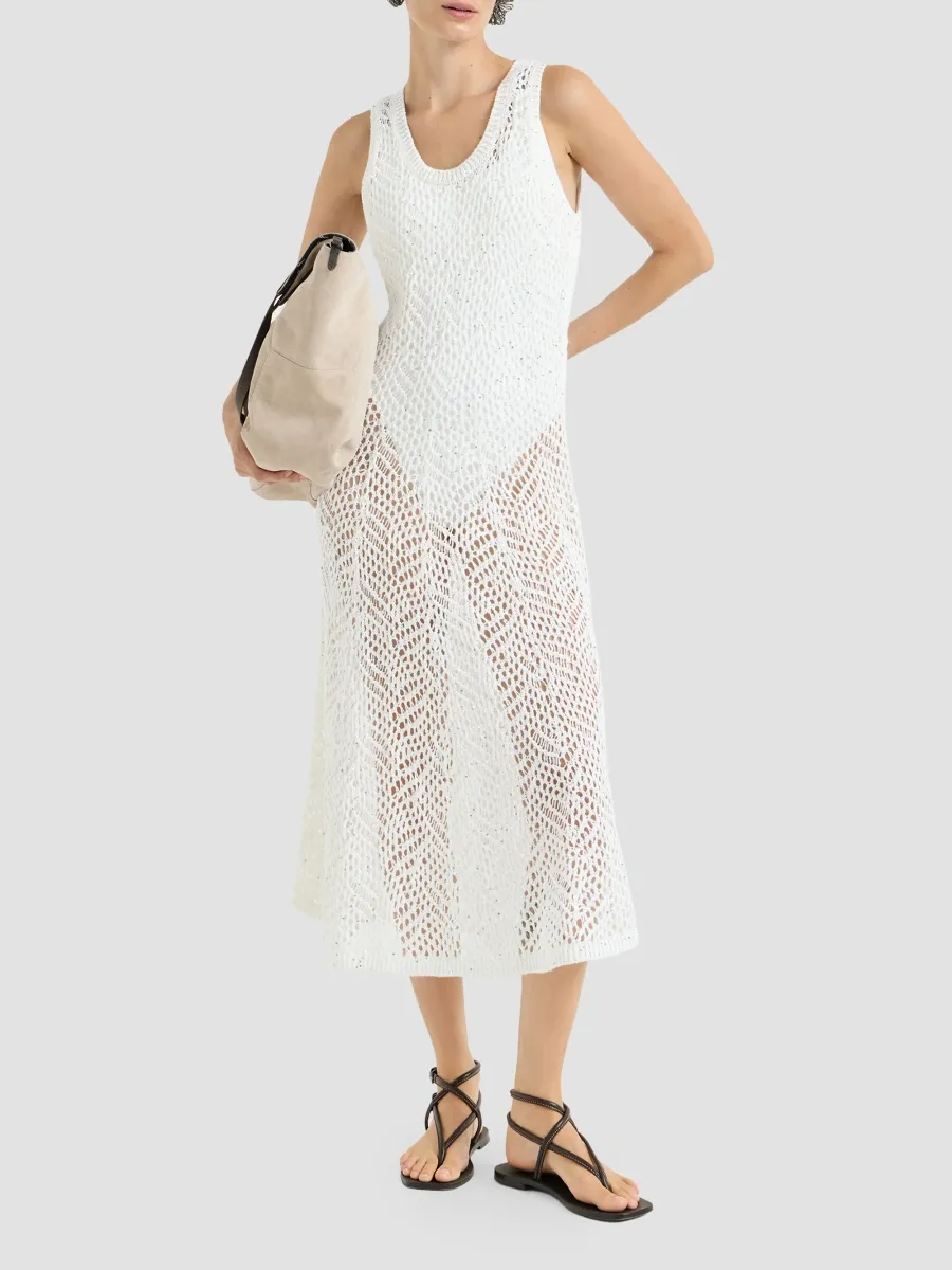 Brunello Cucinelli Women's Dazzling Abstract Leaf Knit Dress in Linen - White | Thumbnail 2