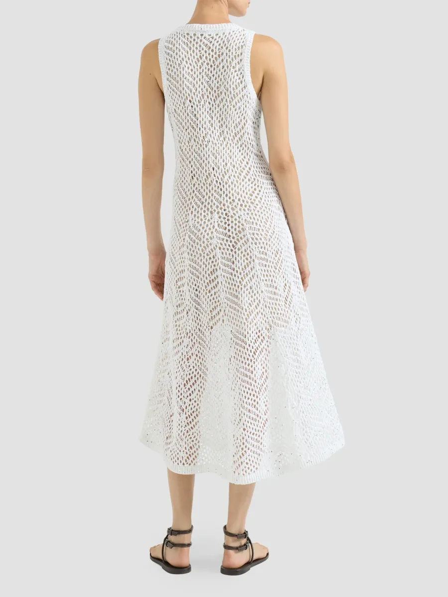 Brunello Cucinelli Women's Dazzling Abstract Leaf Knit Dress in Linen - White | Thumbnail 4