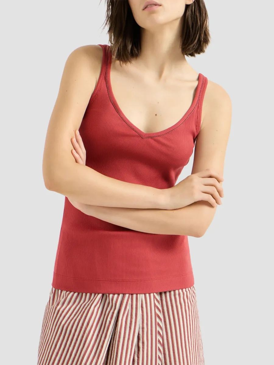 Brunello Cucinelli Women's Stretch Cotton Ribbed Jersey Top with Monili - Red | Thumbnail 3 Brunello Cucinelli Women's Stretch Cotton Ribbed Jersey Top with Monili - Red | Thumbnail 3
