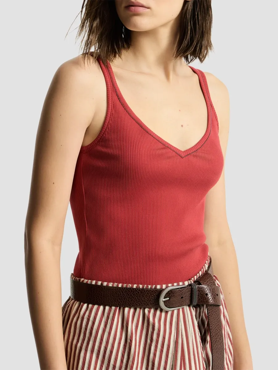Brunello Cucinelli Women's Stretch Cotton Ribbed Jersey Top with Monili - Red | Thumbnail 5 Brunello Cucinelli Women's Stretch Cotton Ribbed Jersey Top with Monili - Red | Thumbnail 5