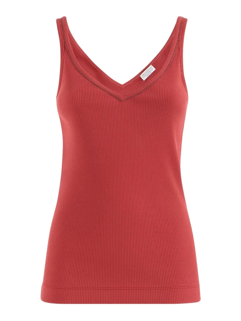 Women's Stretch Cotton Ribbed Jersey Top with Monili - Red Women's Stretch Cotton Ribbed Jersey Top with Monili - Red