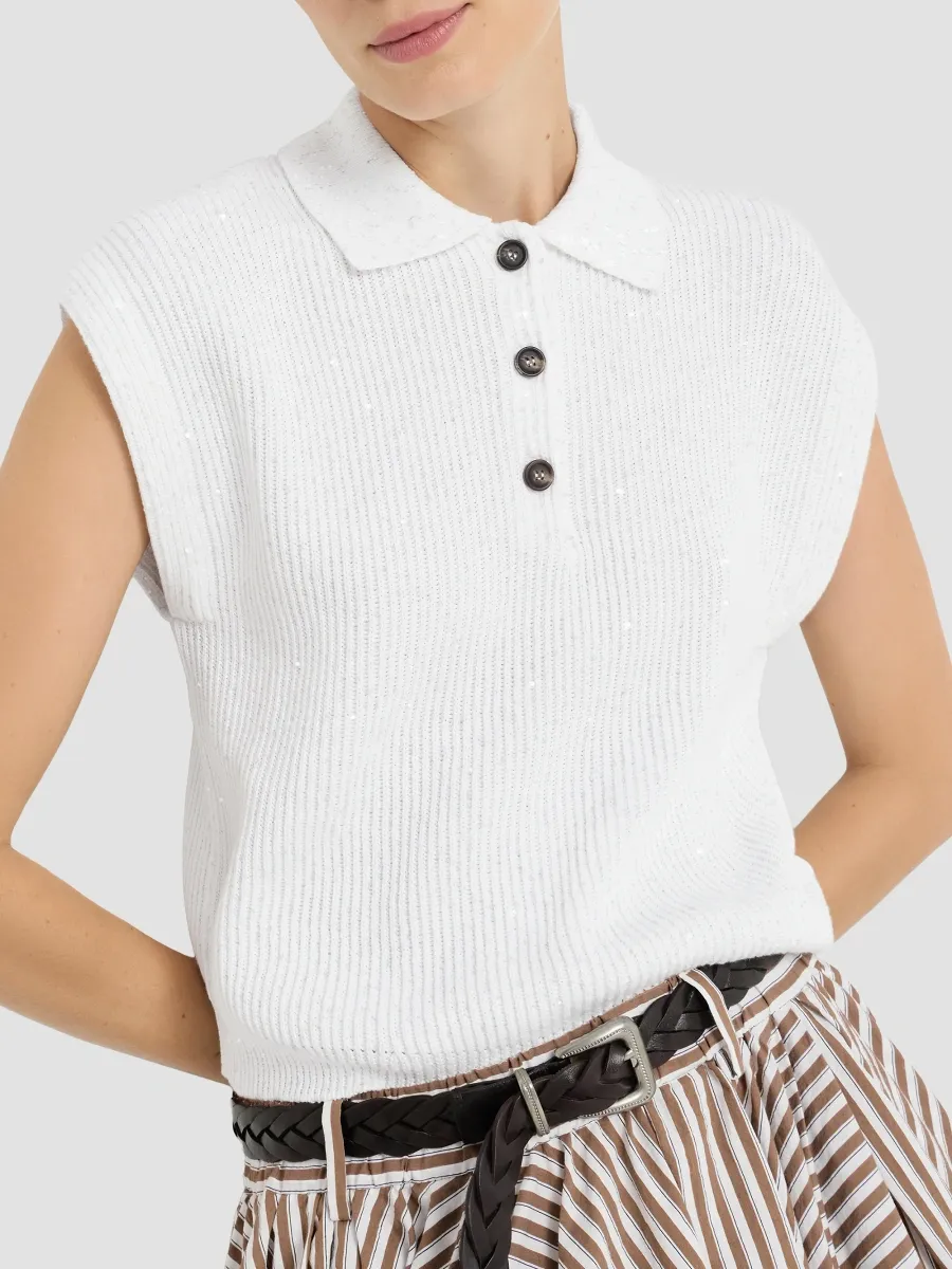 Brunello Cucinelli Women's Cotton Diamond Yarn English Rib Knit Polo | Thumbnail 5 Brunello Cucinelli Women's Cotton Diamond Yarn English Rib Knit Polo | Thumbnail 5