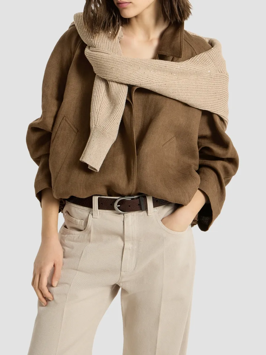 Brunello Cucinelli Women's Linen Canvas Outerwear Jacket with Monili - Brown | Thumbnail 5