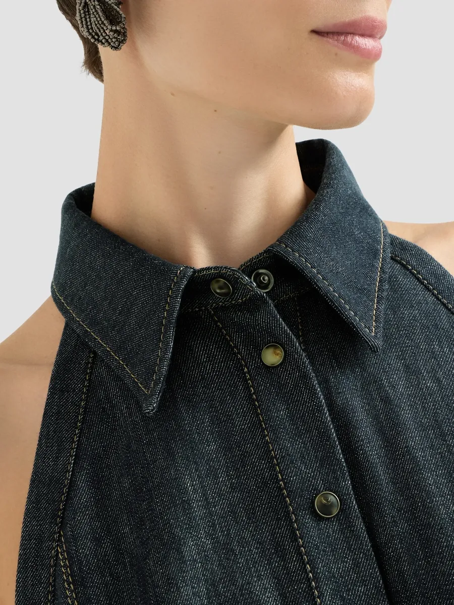 Brunello Cucinelli Women's Cotton Denim-Effect Twill Dress with Monili - Denim | Thumbnail 6 Brunello Cucinelli Women's Cotton Denim-Effect Twill Dress with Monili - Denim | Thumbnail 6