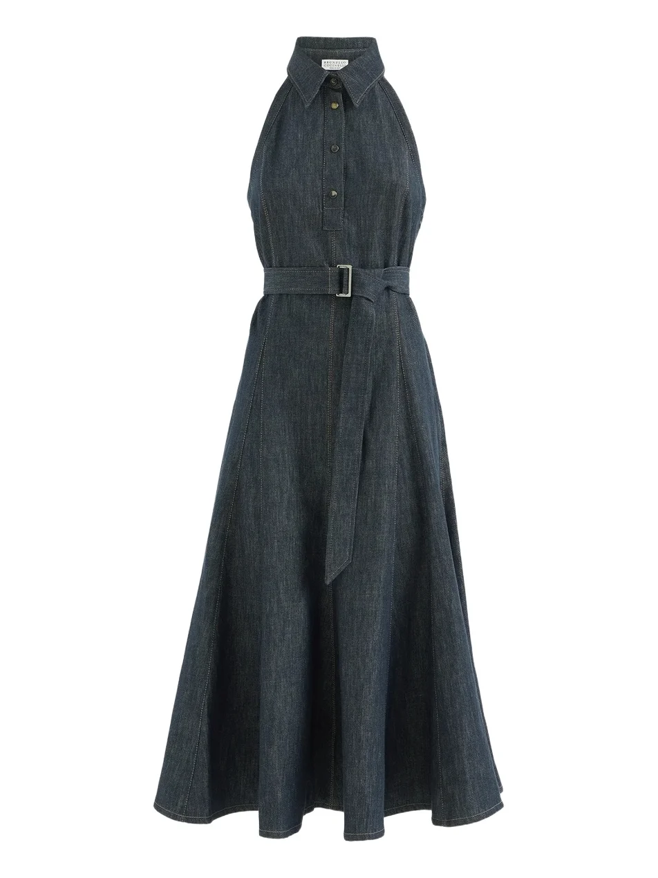 Women's Cotton Denim-Effect Twill Dress with Monili - Denim
