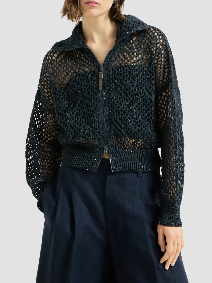 Brunello Cucinelli Women's Dazzling Abstract Leaf Cardigan in Linen with Zipper - Blue | Thumbnail 2 Brunello Cucinelli Women's Dazzling Abstract Leaf Cardigan in Linen with Zipper - Blue | Thumbnail 2