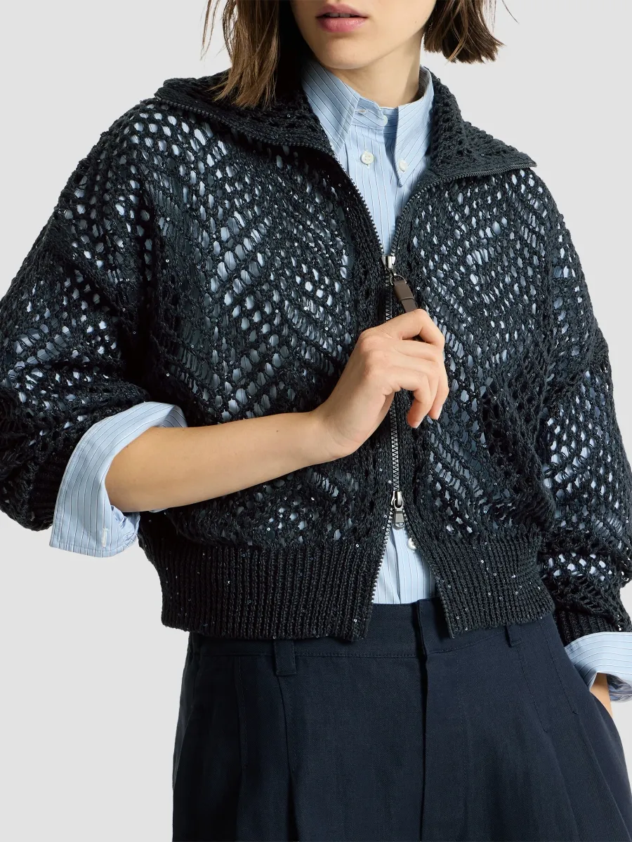 Brunello Cucinelli Women's Dazzling Abstract Leaf Cardigan in Linen with Zipper - Blue | Thumbnail 4 Brunello Cucinelli Women's Dazzling Abstract Leaf Cardigan in Linen with Zipper - Blue | Thumbnail 4