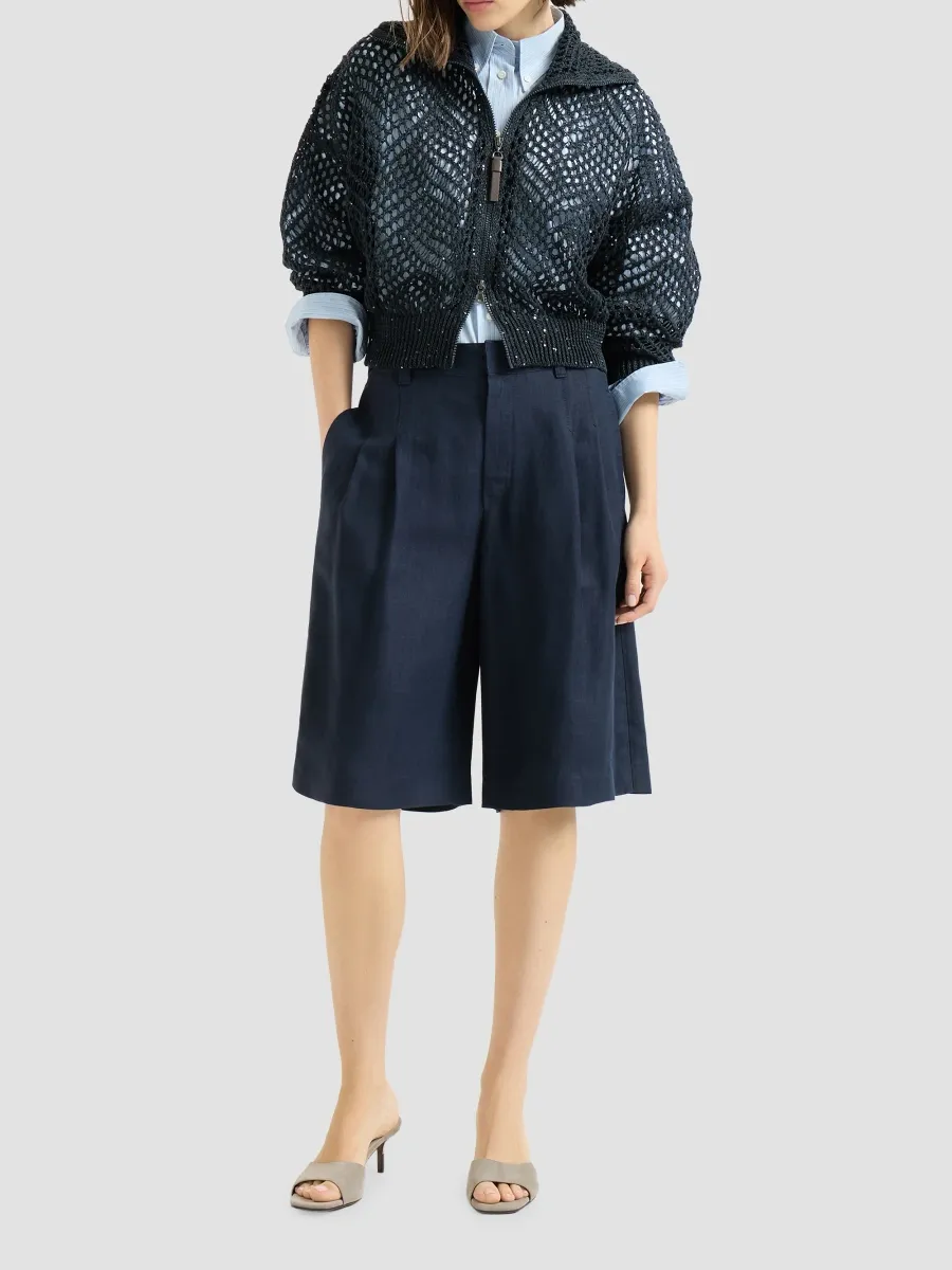 Brunello Cucinelli Women's Dazzling Abstract Leaf Cardigan in Linen with Zipper - Blue | Thumbnail 6 Brunello Cucinelli Women's Dazzling Abstract Leaf Cardigan in Linen with Zipper - Blue | Thumbnail 6
