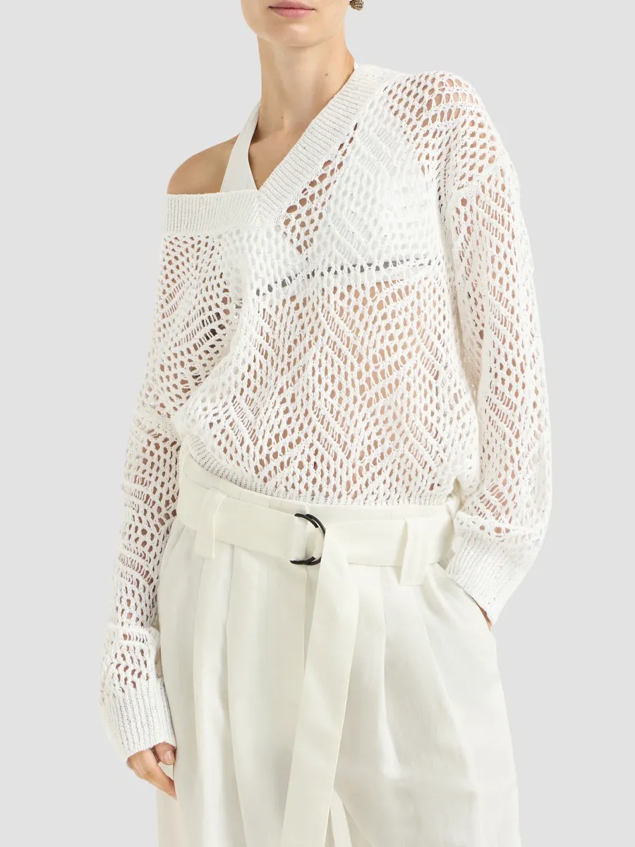 Brunello Cucinelli Women's Dazzling Abstract Leaf Sweater in Linen - White | Thumbnail 3 Brunello Cucinelli Women's Dazzling Abstract Leaf Sweater in Linen - White | Thumbnail 3