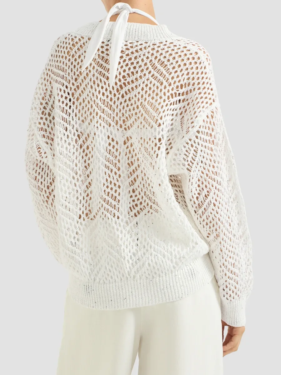 Brunello Cucinelli Women's Dazzling Abstract Leaf Sweater in Linen - White | Thumbnail 4 Brunello Cucinelli Women's Dazzling Abstract Leaf Sweater in Linen - White | Thumbnail 4