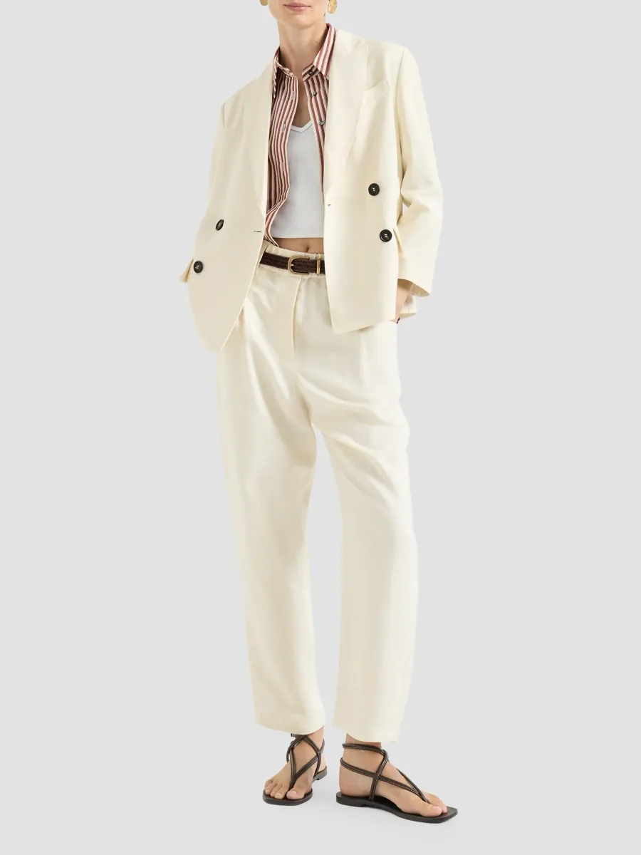 Brunello Cucinelli Women's Viscose and Linen Fluid Twill Baggy Trousers with Monili - Milk | Thumbnail 2 Brunello Cucinelli Women's Viscose and Linen Fluid Twill Baggy Trousers with Monili - Milk | Thumbnail 2
