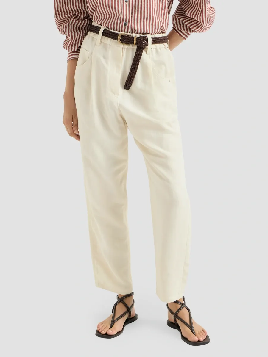 Brunello Cucinelli Women's Viscose and Linen Fluid Twill Baggy Trousers with Monili - Milk | Thumbnail 3 Brunello Cucinelli Women's Viscose and Linen Fluid Twill Baggy Trousers with Monili - Milk | Thumbnail 3