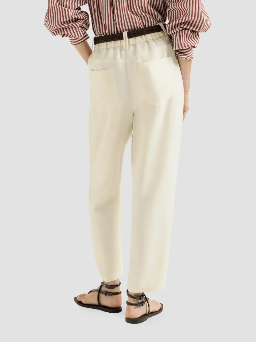 Brunello Cucinelli Women's Viscose and Linen Fluid Twill Baggy Trousers with Monili - Milk | Thumbnail 4 Brunello Cucinelli Women's Viscose and Linen Fluid Twill Baggy Trousers with Monili - Milk | Thumbnail 4