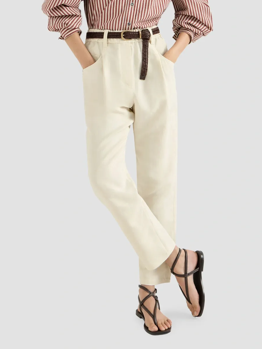 Brunello Cucinelli Women's Viscose and Linen Fluid Twill Baggy Trousers with Monili - Milk | Thumbnail 5 Brunello Cucinelli Women's Viscose and Linen Fluid Twill Baggy Trousers with Monili - Milk | Thumbnail 5