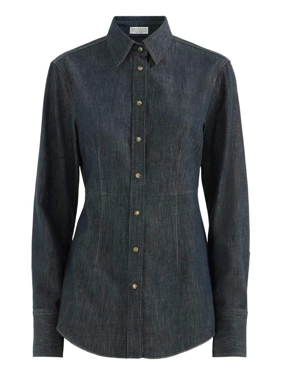 Brunello Cucinelli Women's Cotton Denim-Effect Twill Shirt with Monili - Denim