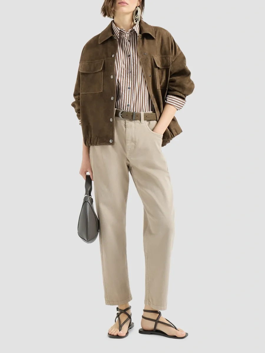 Brunello Cucinelli Women's Striped Wrinkled Poplin Shirt with Monili - Brown | Thumbnail 2