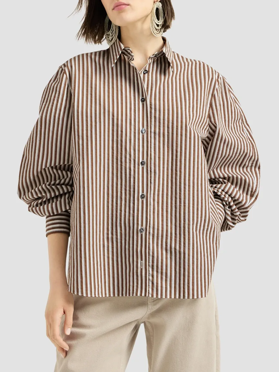 Brunello Cucinelli Women's Striped Wrinkled Poplin Shirt with Monili - Brown | Thumbnail 3