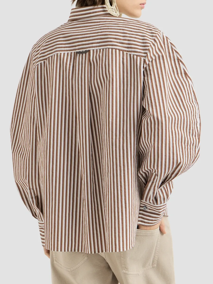 Brunello Cucinelli Women's Striped Wrinkled Poplin Shirt with Monili - Brown | Thumbnail 4