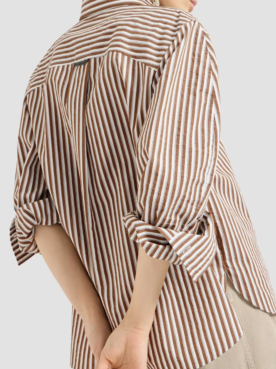 Brunello Cucinelli Women's Striped Wrinkled Poplin Shirt with Monili - Brown | Thumbnail 5