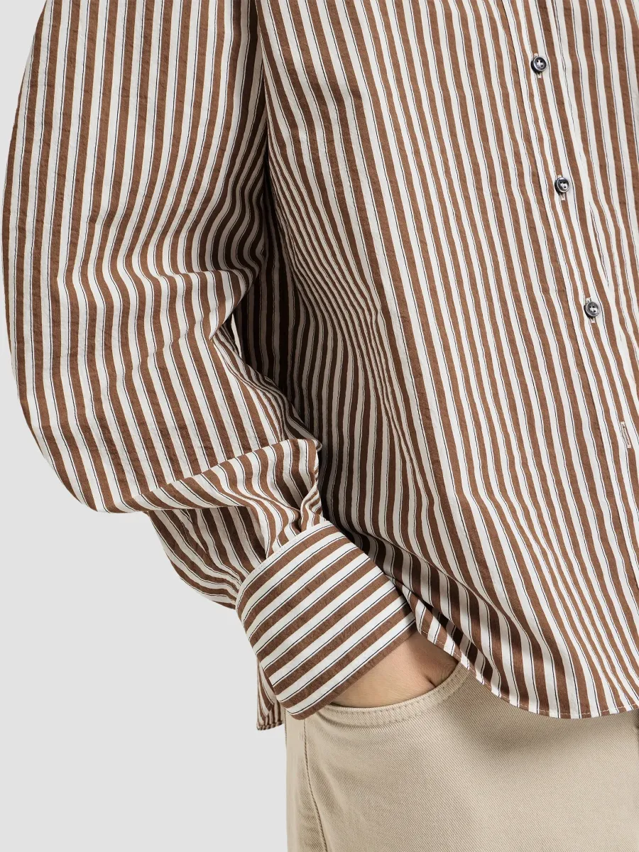 Brunello Cucinelli Women's Striped Wrinkled Poplin Shirt with Monili - Brown | Thumbnail 6