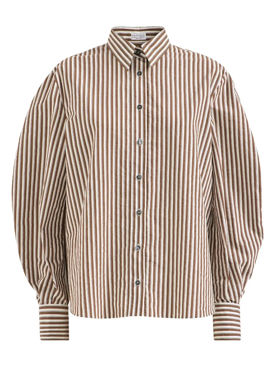 Women's Striped Wrinkled Poplin Shirt with Monili - Brown