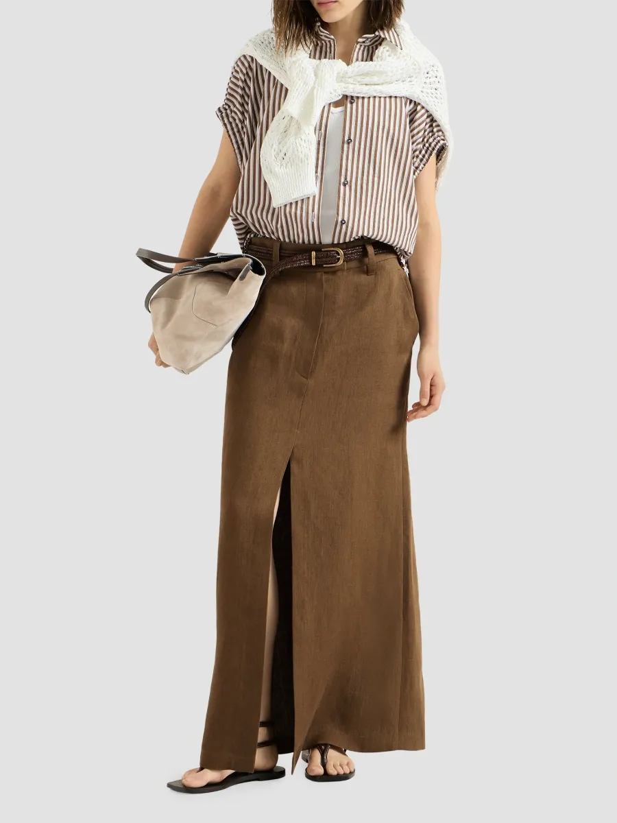 Brunello Cucinelli Women's Linen Canvas Skirt with Monili - Brown | Thumbnail 6