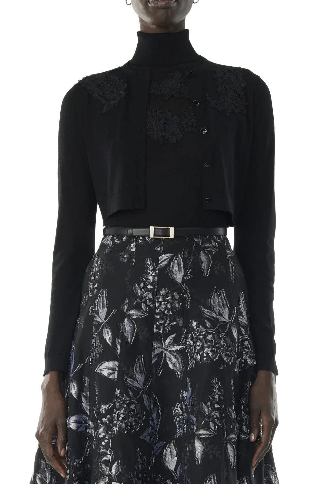Jason Wu Collection MERINO WOOL CREWNECK CARDIGAN WITH LACE