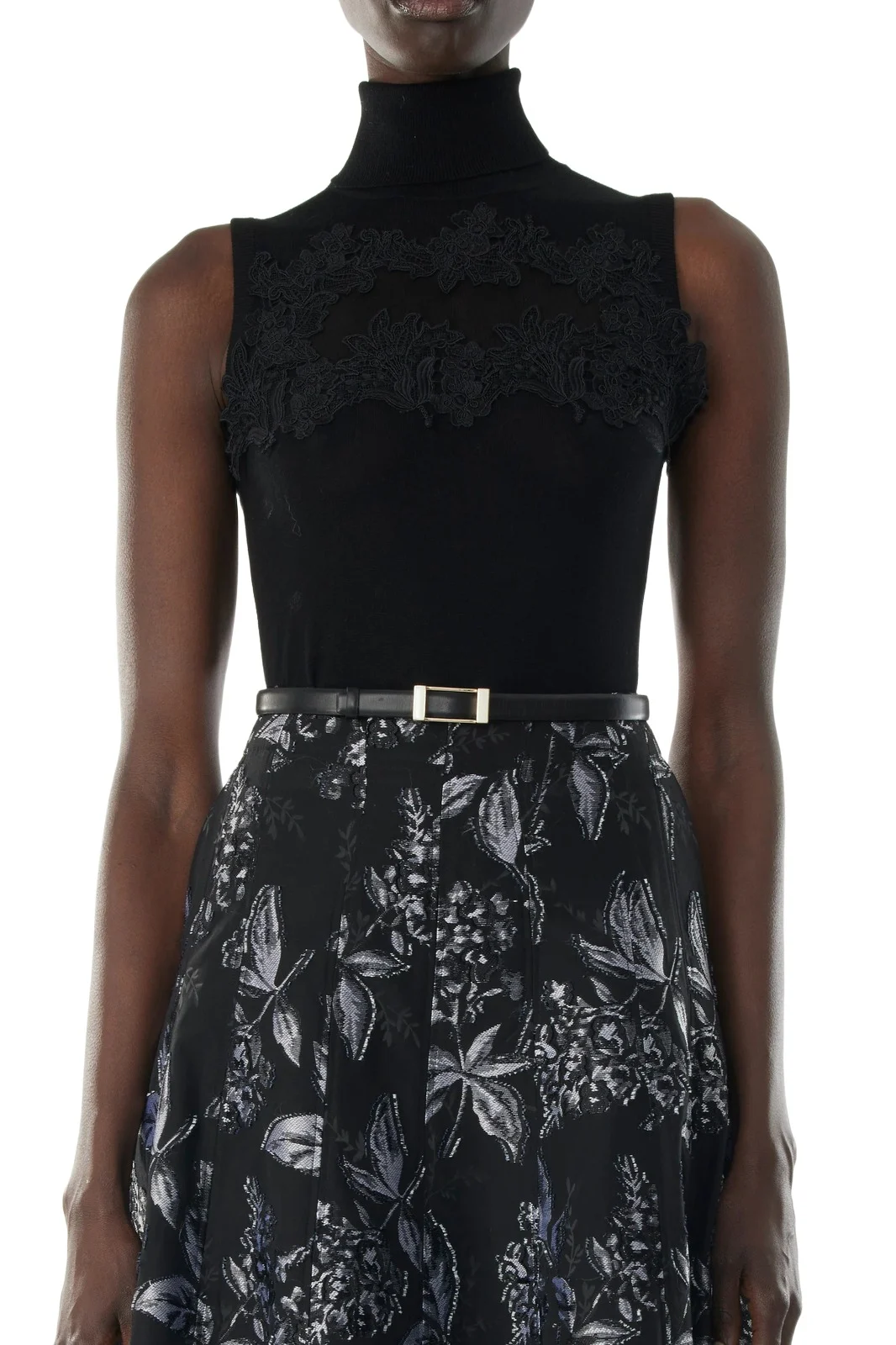 Jason Wu Collection MERINO WOOL TURTLENECK SLEEVELESS SHELL TOP WITH LACE TRIM
