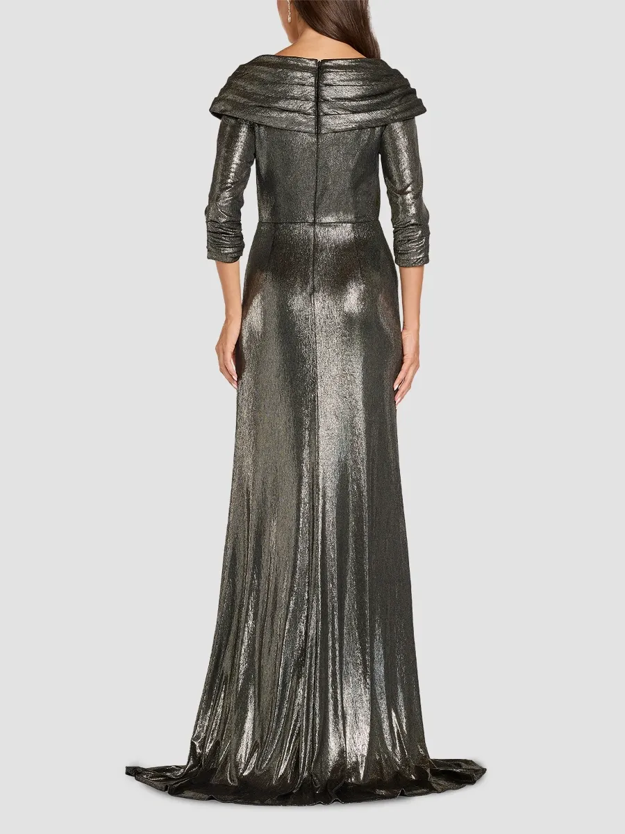 Tadashi Shoji Women's Aureline Metallic Lamé Draped Surpliced Gown | Thumbnail 3 Tadashi Shoji Women's Aureline Metallic Lamé Draped Surpliced Gown | Thumbnail 3