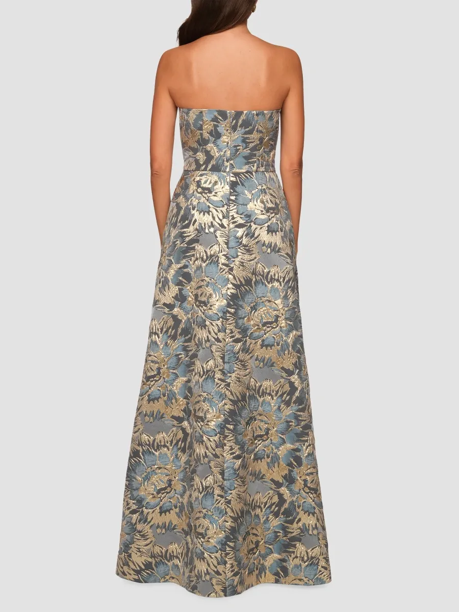 Kay Unger Women's Allison Metallic Floral Jacquard Walk-Thru Strapless Jumpsuit | Thumbnail 3 Kay Unger Women's Allison Metallic Floral Jacquard Walk-Thru Strapless Jumpsuit | Thumbnail 3