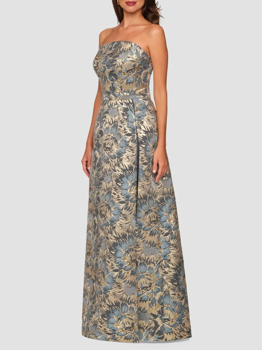 Kay Unger Women's Allison Metallic Floral Jacquard Walk-Thru Strapless Jumpsuit | Thumbnail 5 Kay Unger Women's Allison Metallic Floral Jacquard Walk-Thru Strapless Jumpsuit | Thumbnail 5