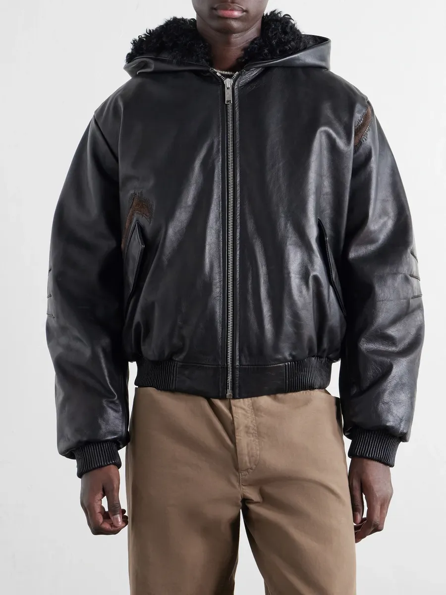 424 Padded Distressed Shearling-Trimmed Leather Jacket - Men | Thumbnail 3 424 Padded Distressed Shearling-Trimmed Leather Jacket - Men | Thumbnail 3