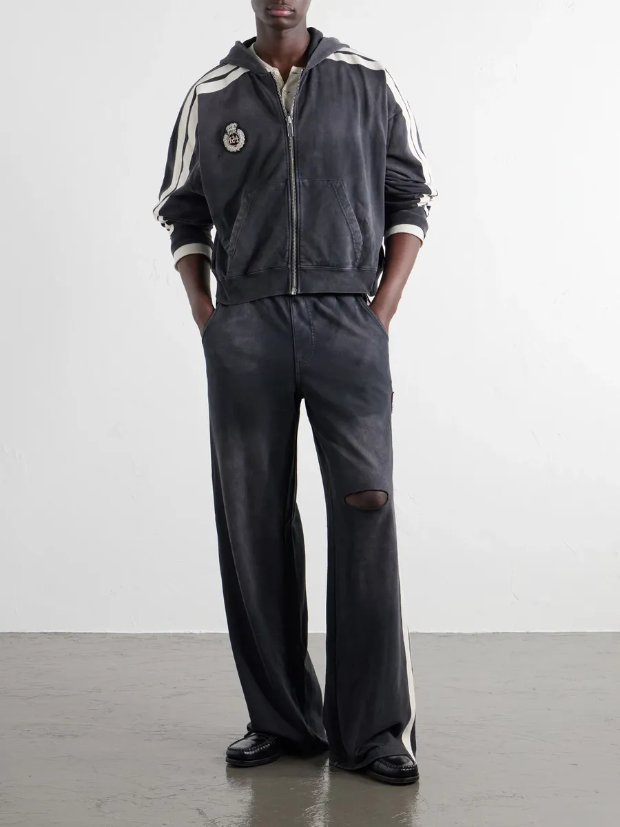 424 Logo-Embroidered Distressed Cotton-Jersey Zip-Up Hoodie - Men | Thumbnail 2