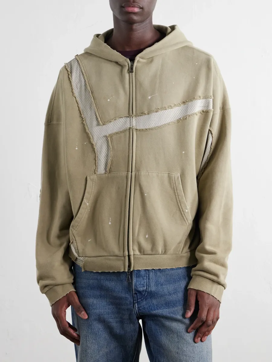 John Elliott Mesh-Trimmed Paint-Splattered Cotton-Jersey Zip-Up Hoodie - Men | Thumbnail 3