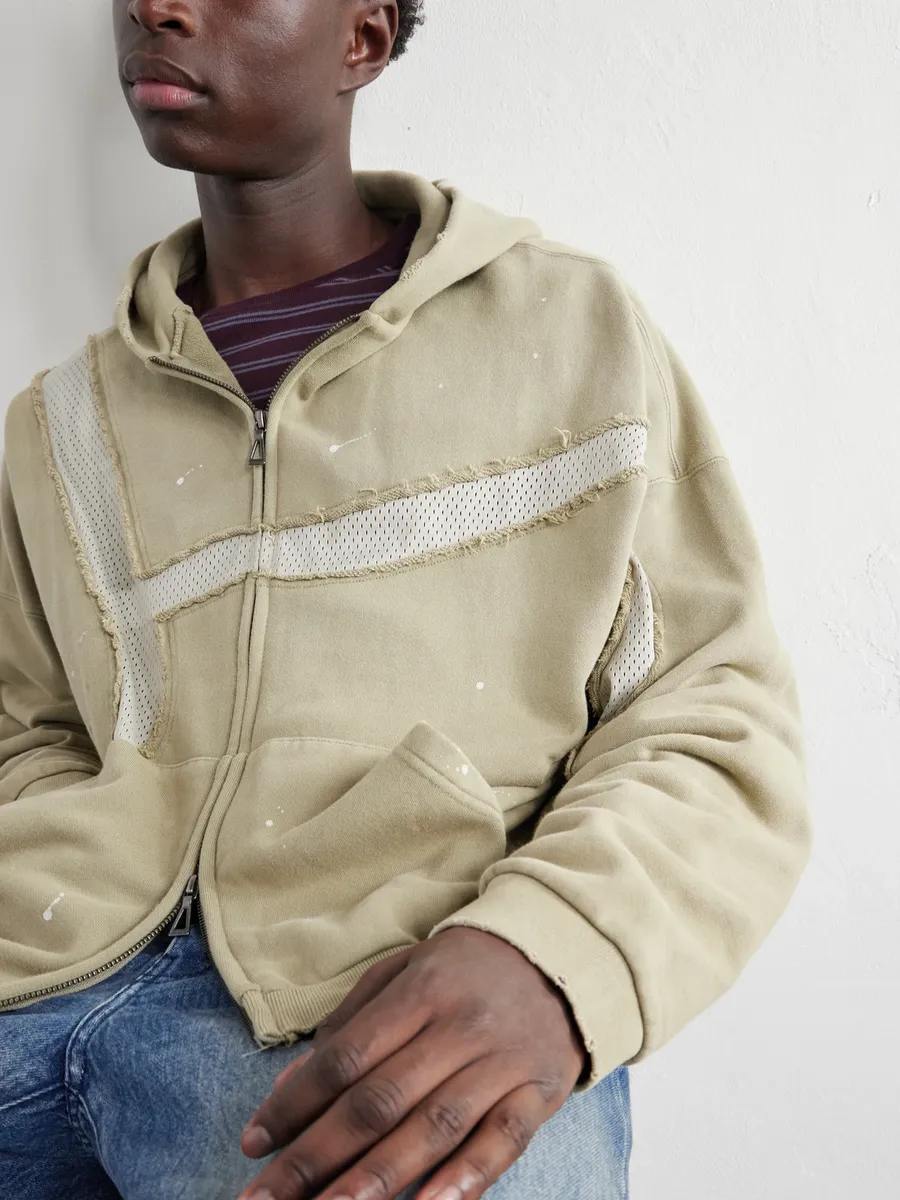 John Elliott Mesh-Trimmed Paint-Splattered Cotton-Jersey Zip-Up Hoodie - Men | Thumbnail 5