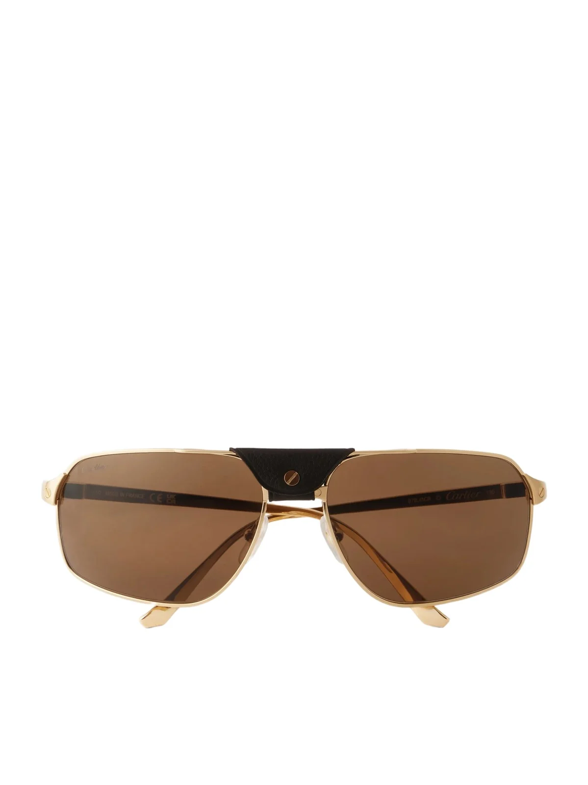 Cartier Eyewear Santos de Cartier Aviator-Style Leather-Trimmed Gold-Tone Sunglasses - Men