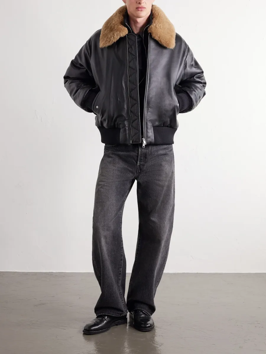 AMI PARIS Padded Shearling-Trimmed Full-Grain Leather Jacket - Men | Thumbnail 2