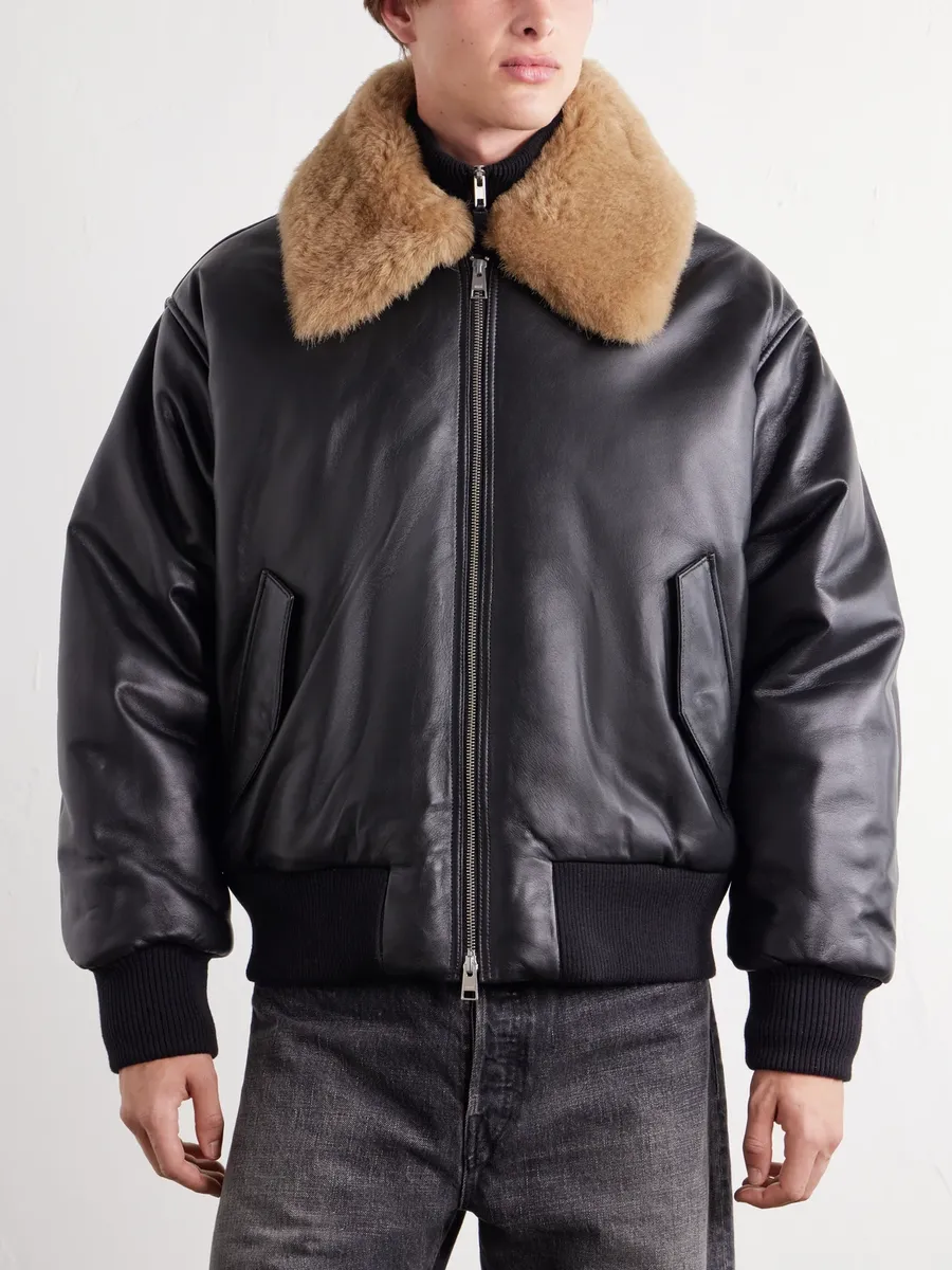 AMI PARIS Padded Shearling-Trimmed Full-Grain Leather Jacket - Men | Thumbnail 3