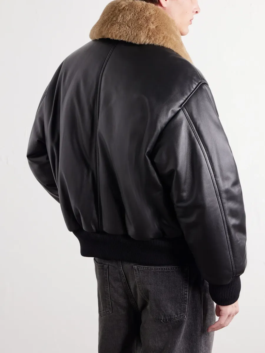 AMI PARIS Padded Shearling-Trimmed Full-Grain Leather Jacket - Men | Thumbnail 4