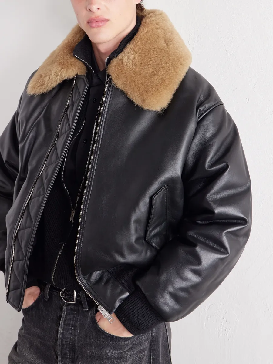 AMI PARIS Padded Shearling-Trimmed Full-Grain Leather Jacket - Men | Thumbnail 5