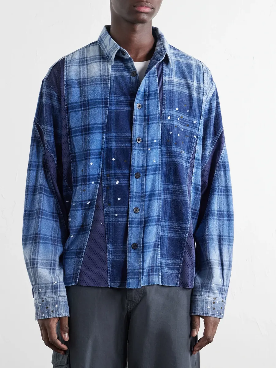 John Elliott Scar Paint-Splattered Checked Mesh-Trimmed Cotton-Flannel Shirt - Men | Thumbnail 4