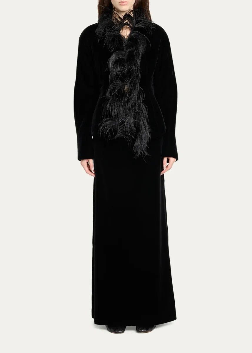 The Row Eunice Feather-Trim Velvet Slim Jacket | Thumbnail 2 The Row Eunice Feather-Trim Velvet Slim Jacket | Thumbnail 2